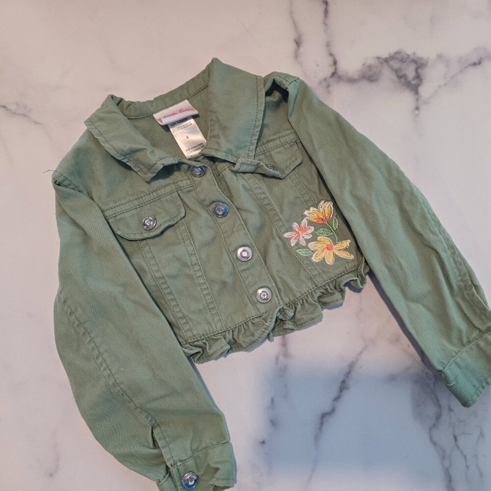 Girls 4T Cropped Denim Floral Green Jacket